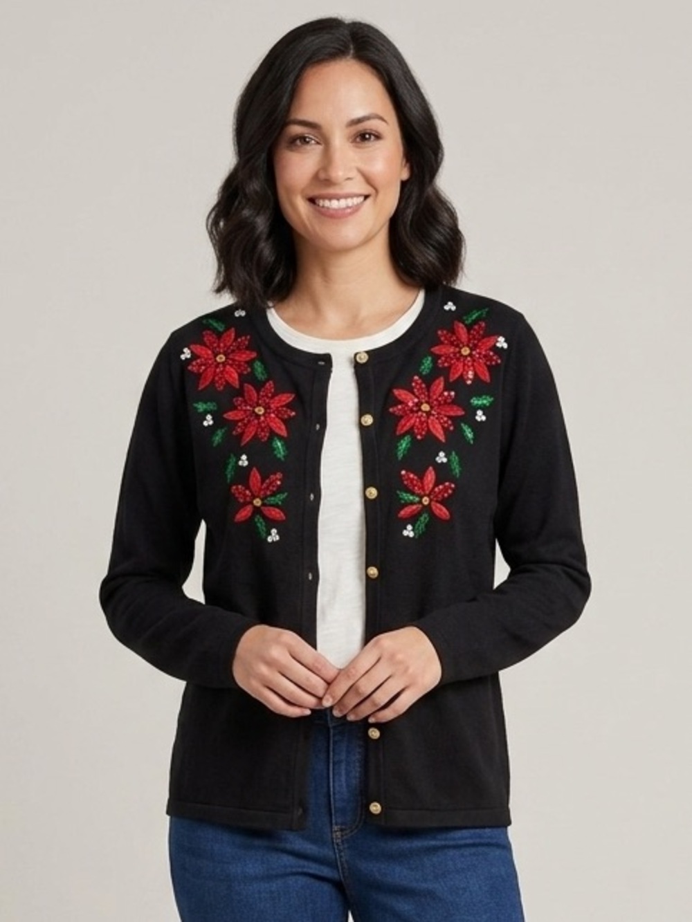 Classic Elements Christmas Holiday Black Cardigan Women’s Size Medium Petite